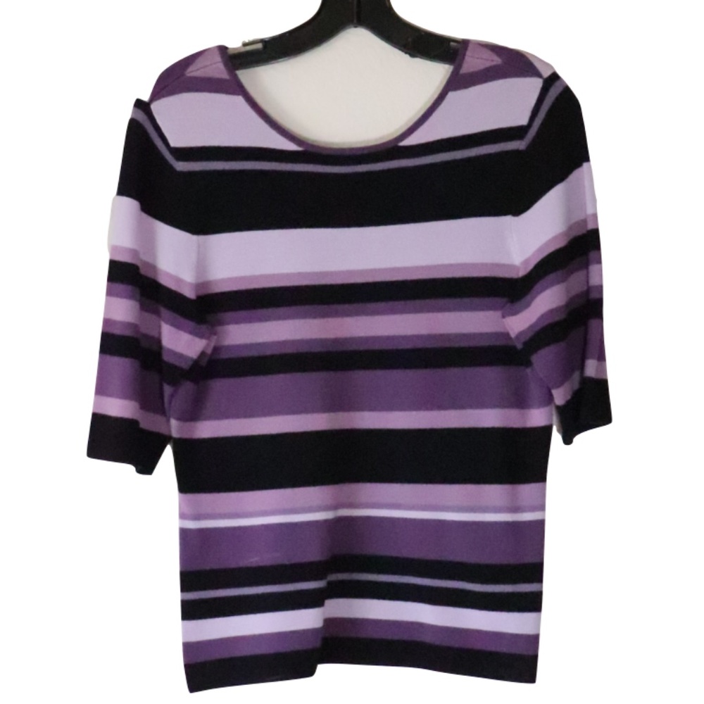 Short sleeve knit top in varying stripes of purple & black